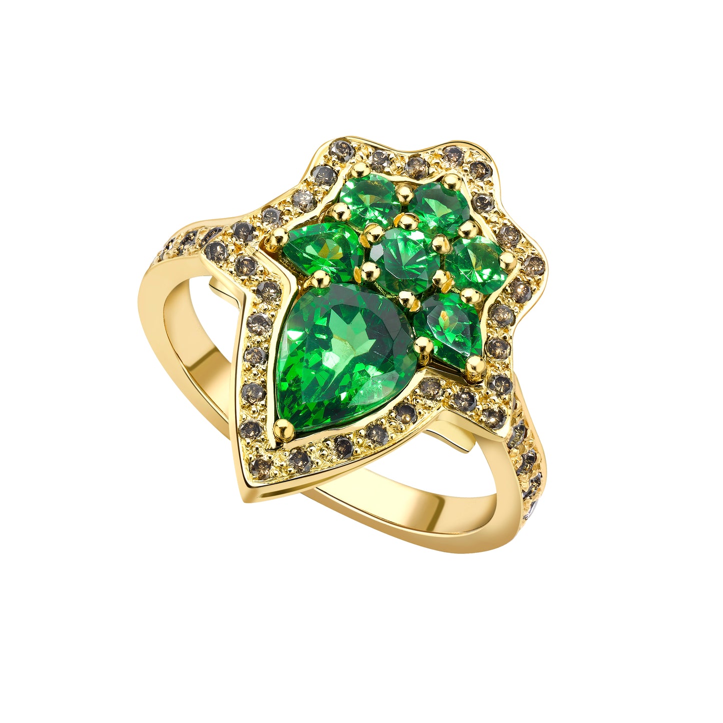 Spiritual Henna yellow gold tsavorite cognac diamond earring pendant ring set