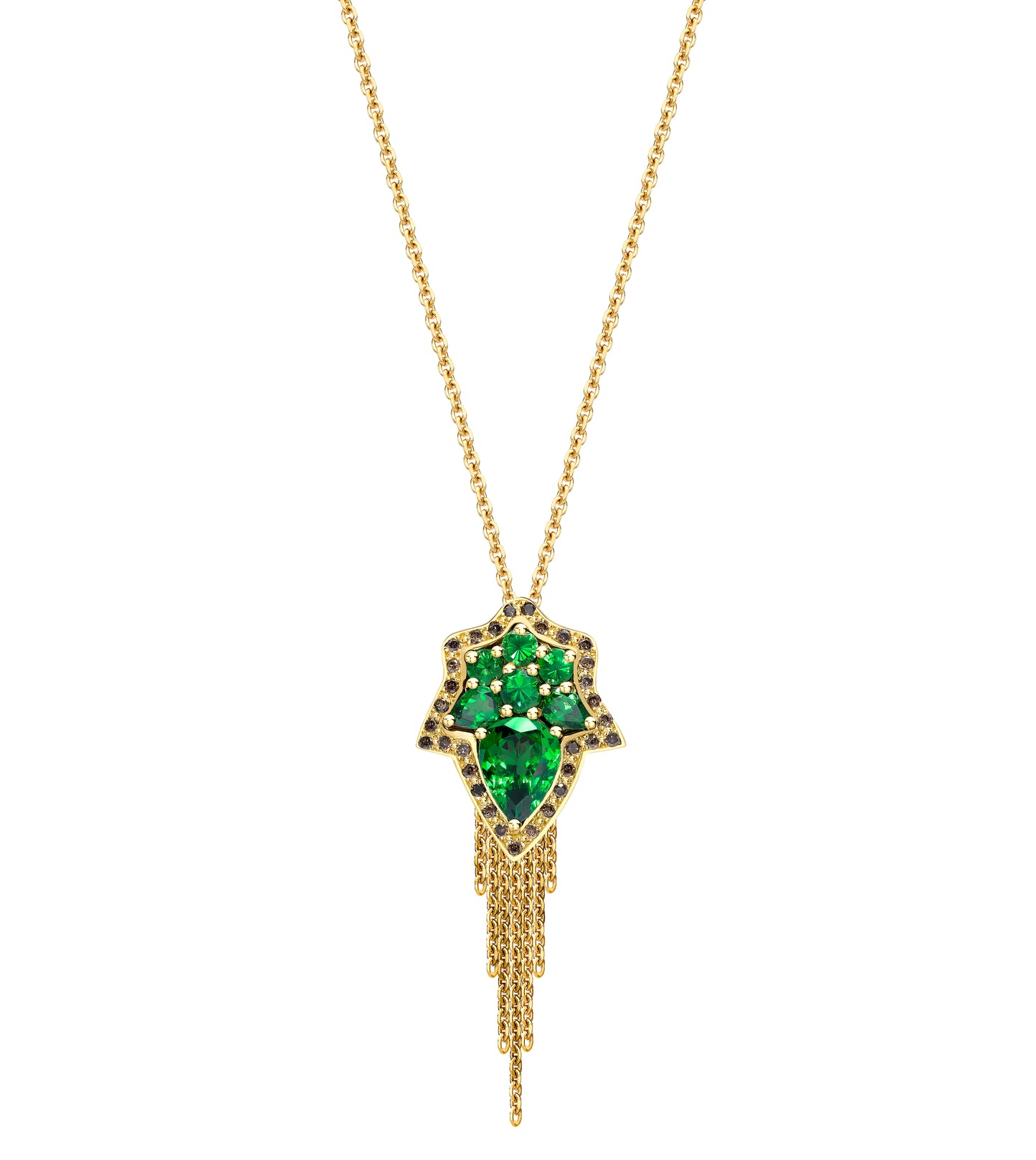 Spiritual Henna yellow gold tsavorite cognac diamond earring pendant ring set