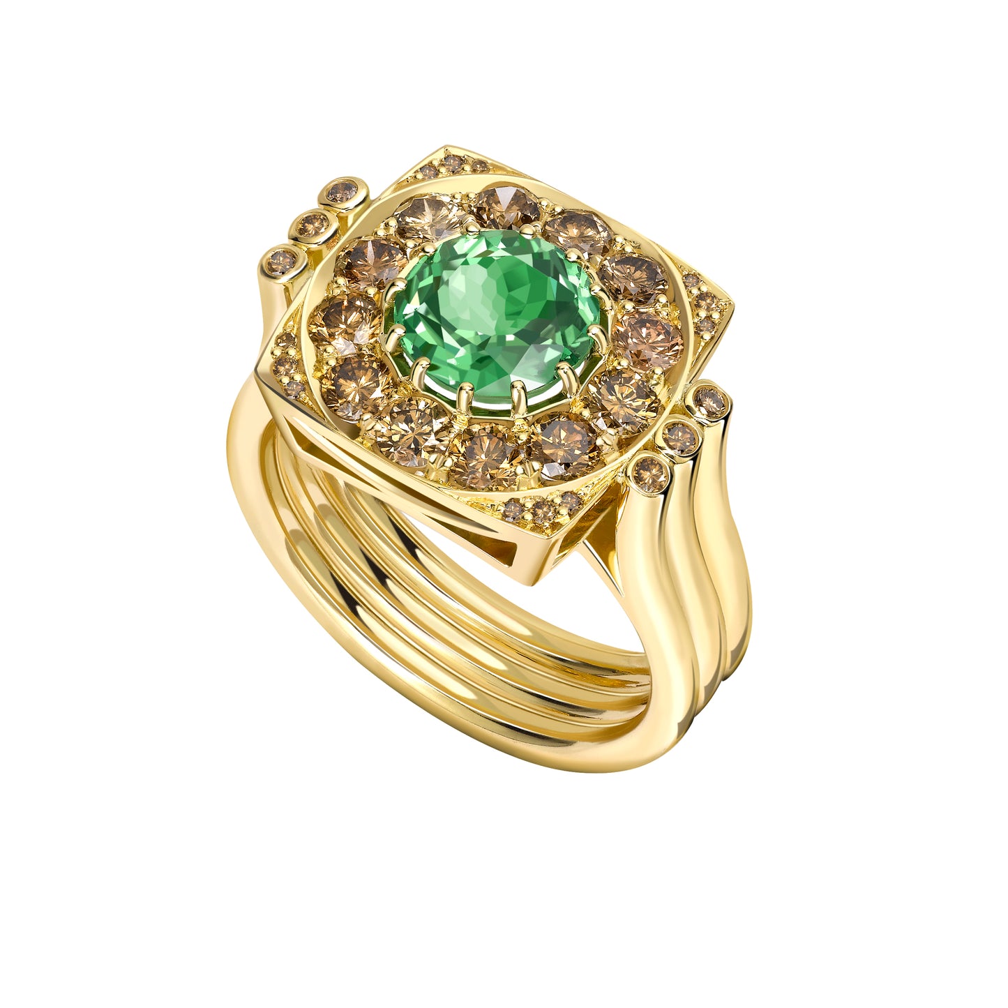 18ct Yellow Gold Tsavorite and Cognac Diamond Deco Cocktail Ring
