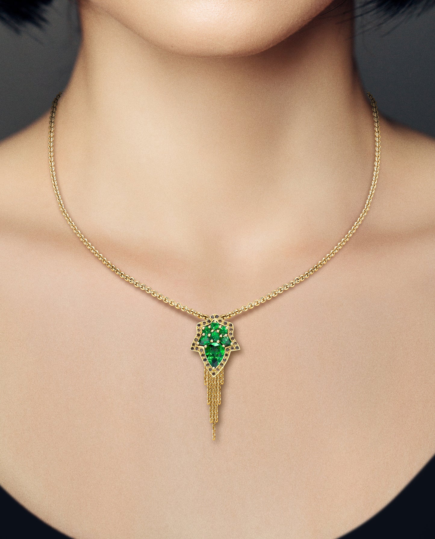 Spiritual Henna yellow gold tsavorite cognac diamond earring pendant ring set