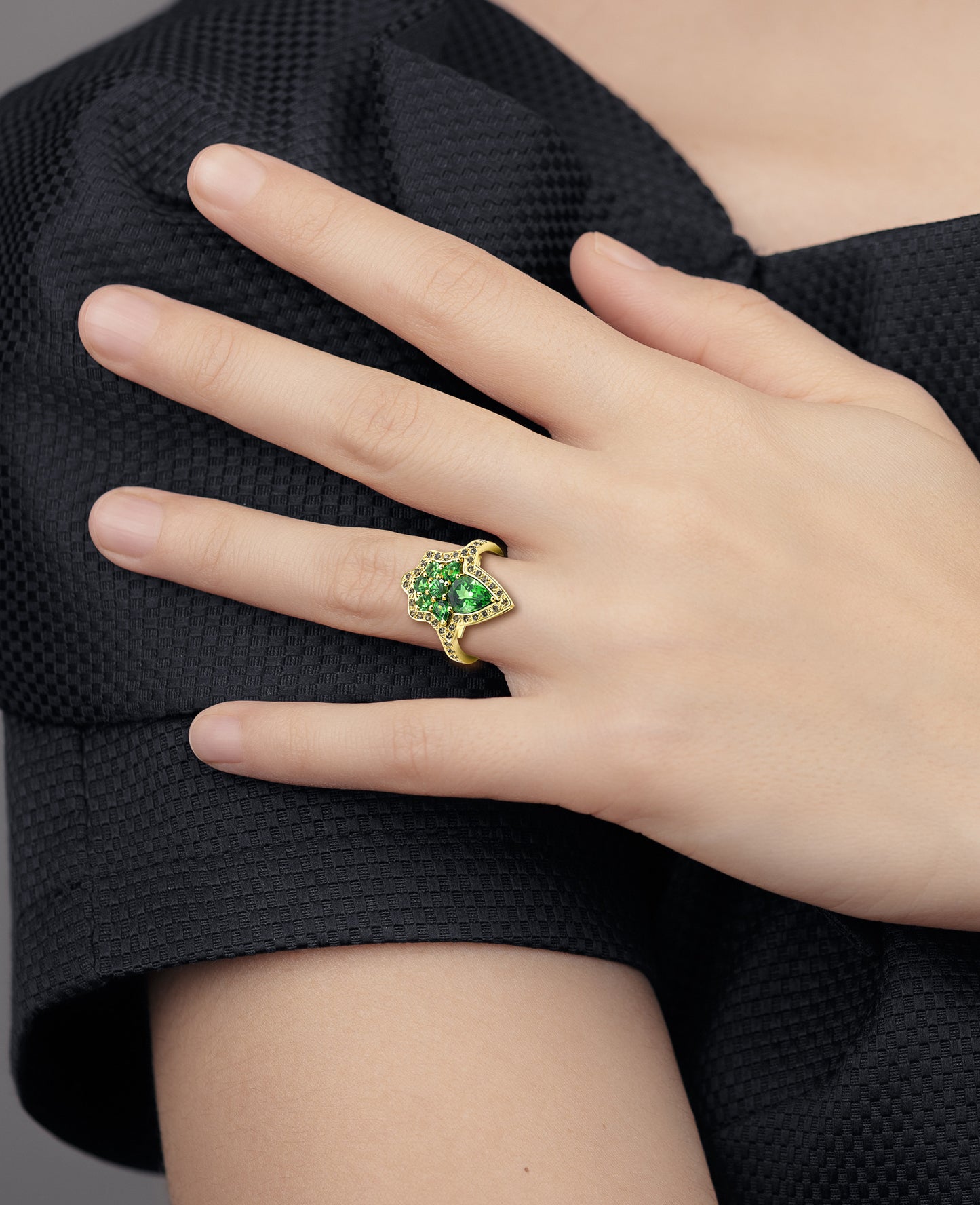 Spiritual Henna yellow gold tsavorite cognac diamond earring pendant ring set