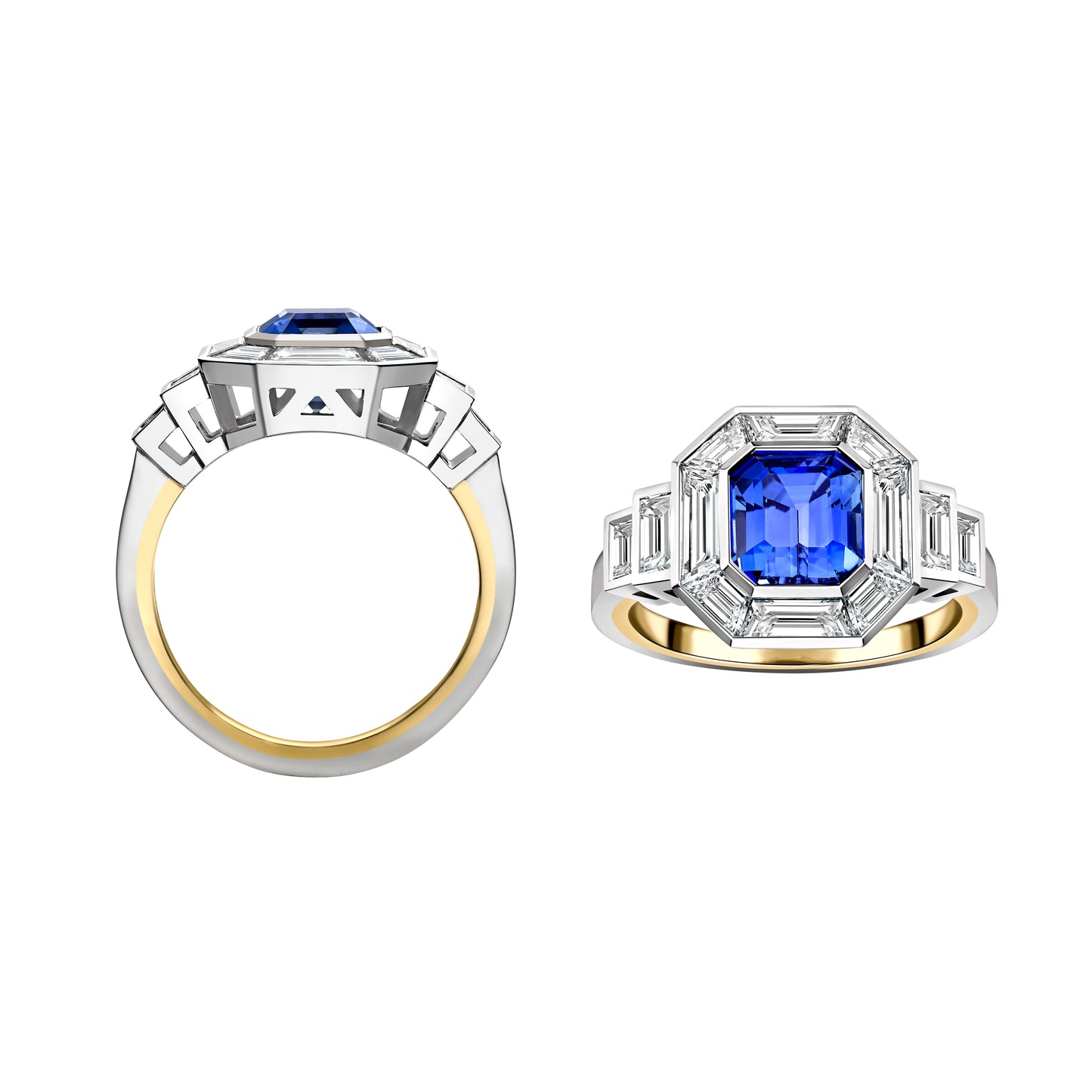 Platinum and Yellow Gold Sapphire and Diamond Deco Cocktail Ring