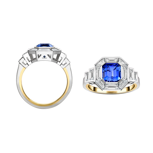 Platinum and Yellow Gold Sapphire and Diamond Deco Cocktail Ring