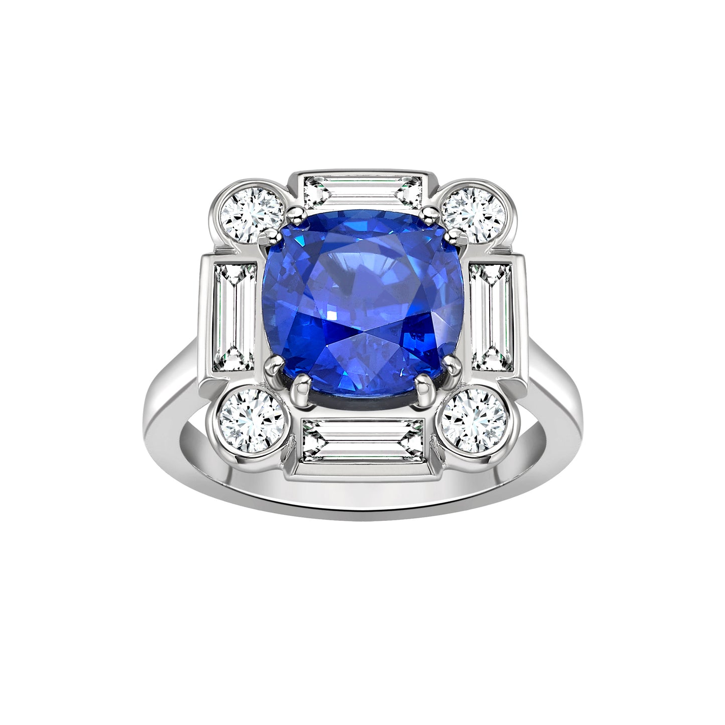 Platinum Sapphire and Diamond Deco Cluster Engagement Ring