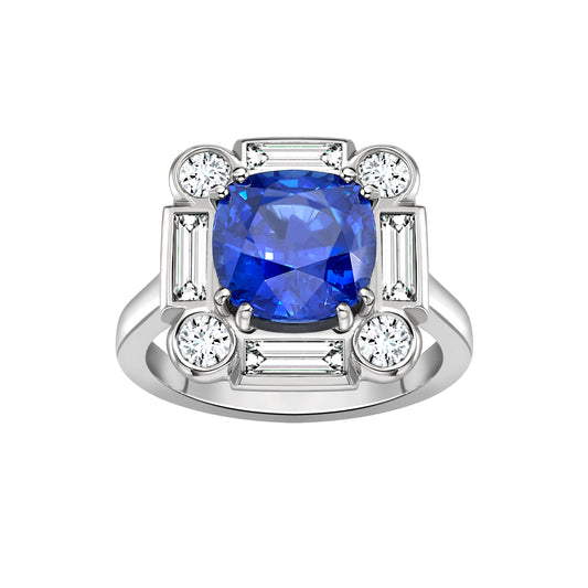 Platinum Sapphire and Diamond Deco Cluster Engagement Ring