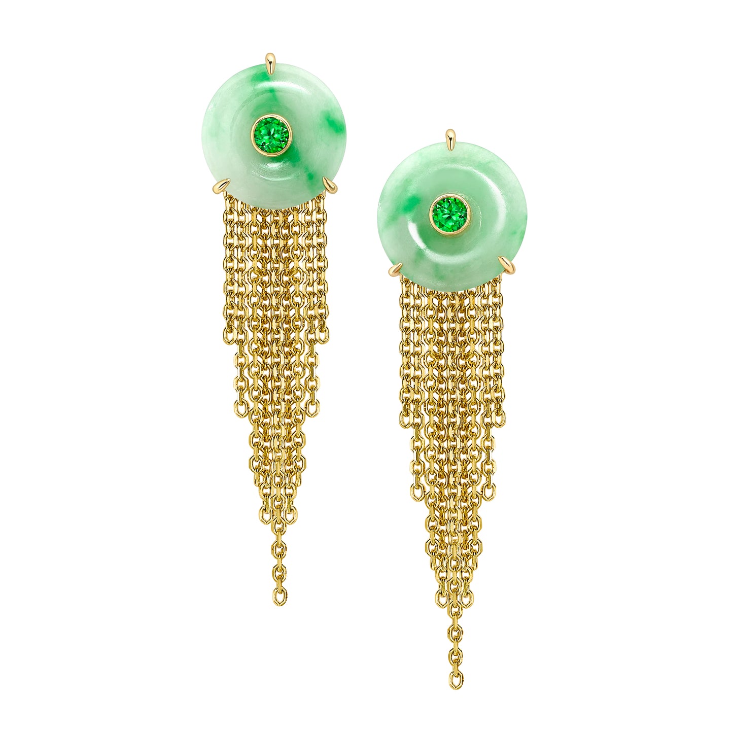 Cusp 18ct yellow gold jade and tsavorite drop pendant and earring set