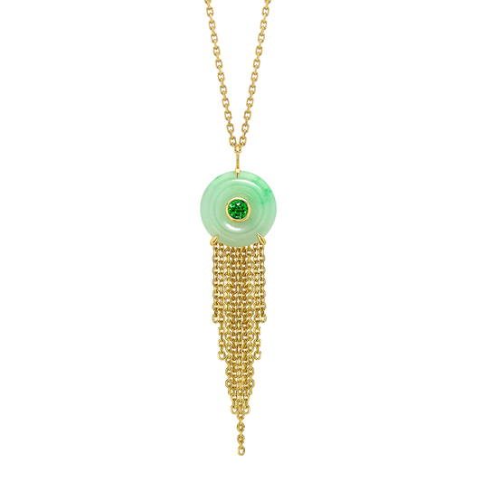 Cusp 18ct yellow gold jade and tsavorite drop pendant