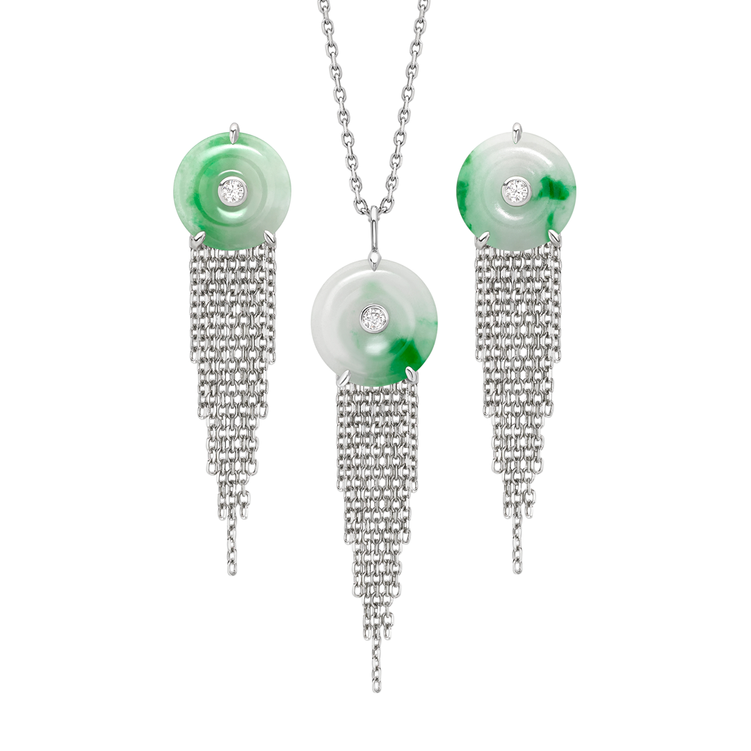 Cusp platinum jade diamond drop pendant and earring set
