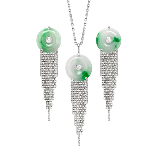 Cusp 18ct white gold jade and diamond drop pendant and earring set
