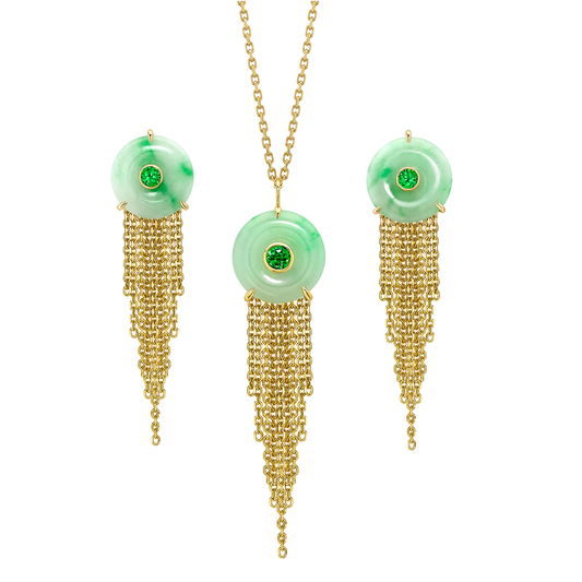 Cusp 18ct yellow gold jade and tsavorite drop pendant and earring set