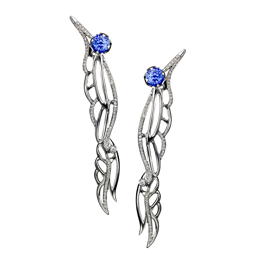 Mystical Tarot 18ct white gold tanzanite and diamond wing earrings