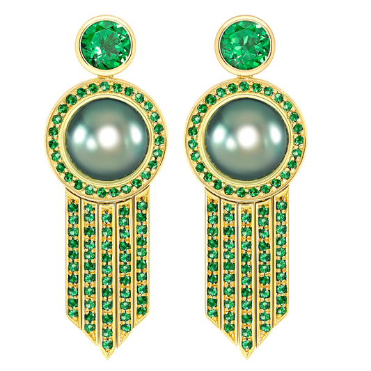 Perle Noire 18ct yellow gold Tahitian pearl and tsavorite drop earrings