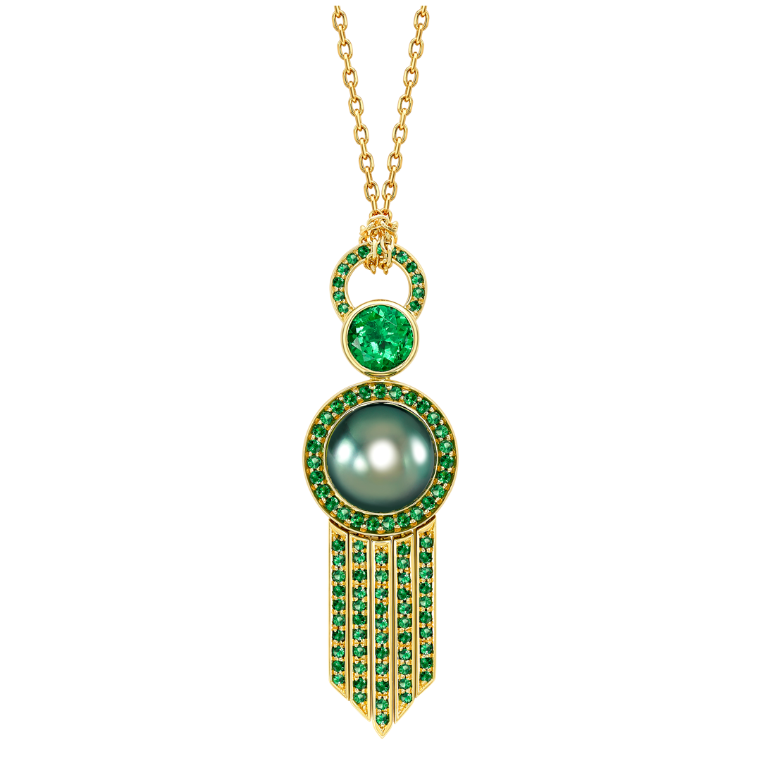 Perle Noire 18ct yellow gold Tahitian pearl and tsavorite drop pendant