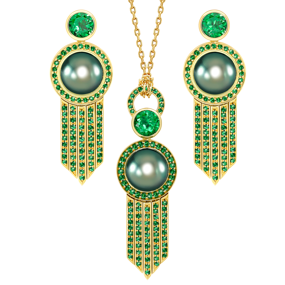 Perle Noire 18ct Yellow Gold Tahitian Pearl and Tsavorite Pendant and Earring Set