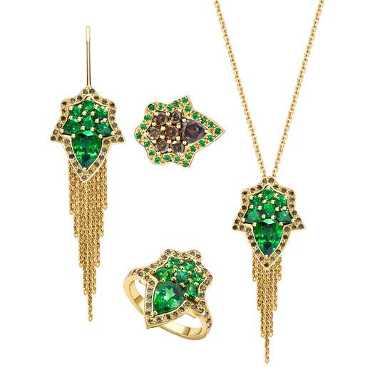 Spiritual Henna yellow gold tsavorite cognac diamond earring pendant ring set
