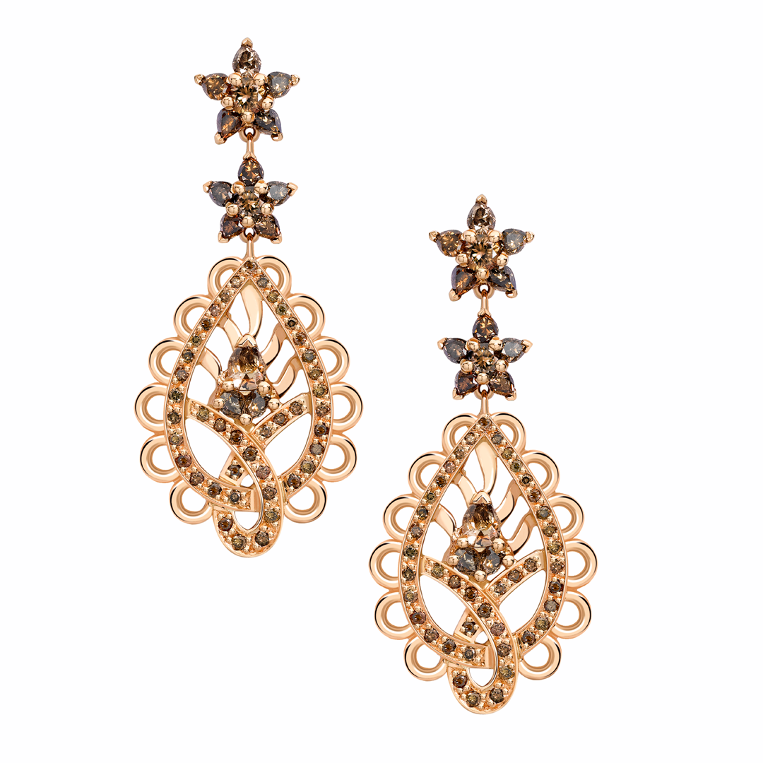 Spiritual Henna 18ct rose gold and cognac diamond  paisley earrings