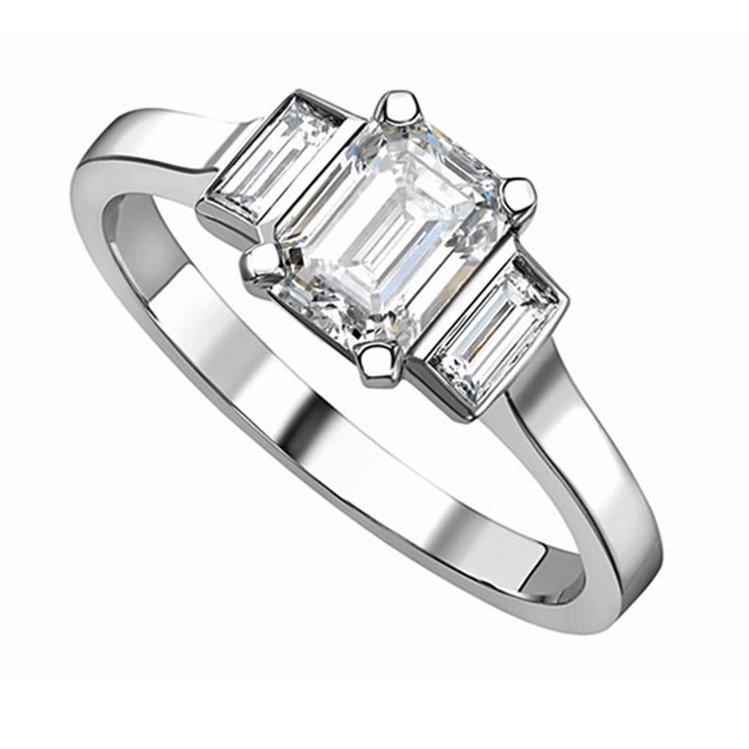 Platinum and Emerald Cut Diamond Deco Engagement Ring