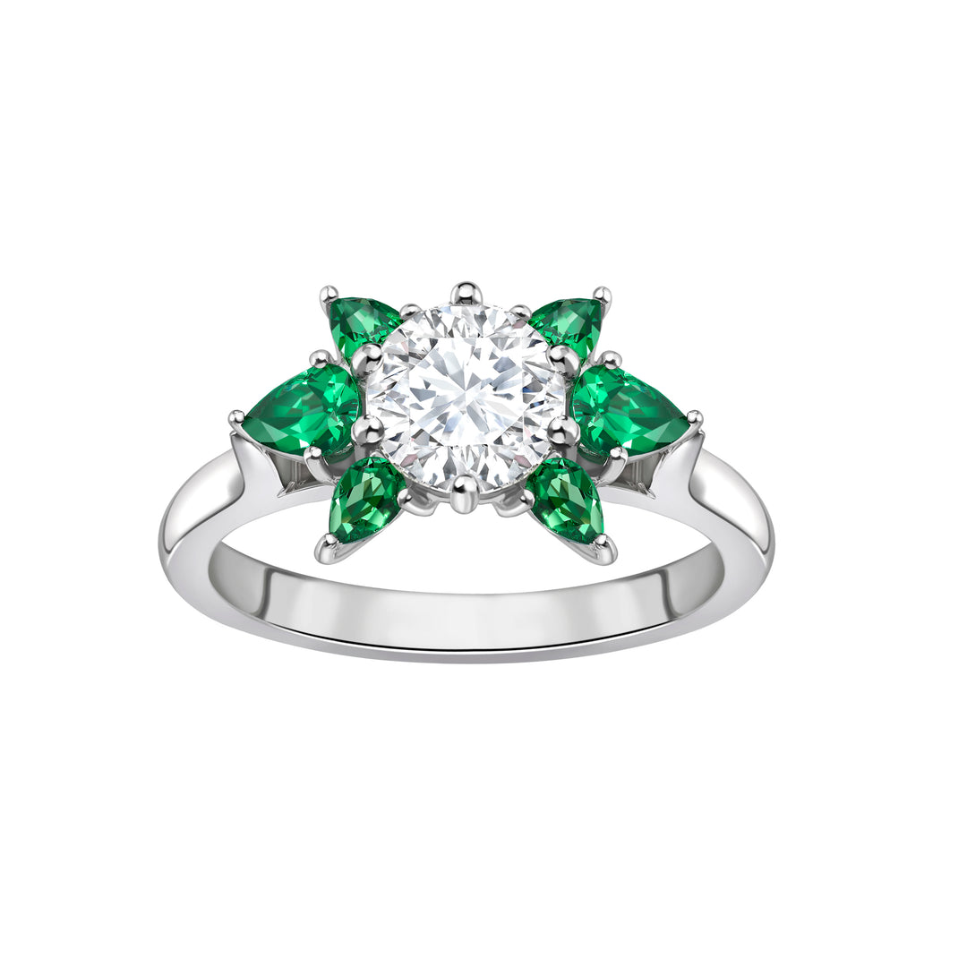 Platinum Diamond and Tsavorite Flower Engagement Ring