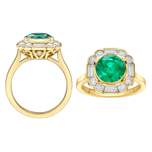 18ct Yellow Gold Emerald and Diamond Deco Cluster Ring