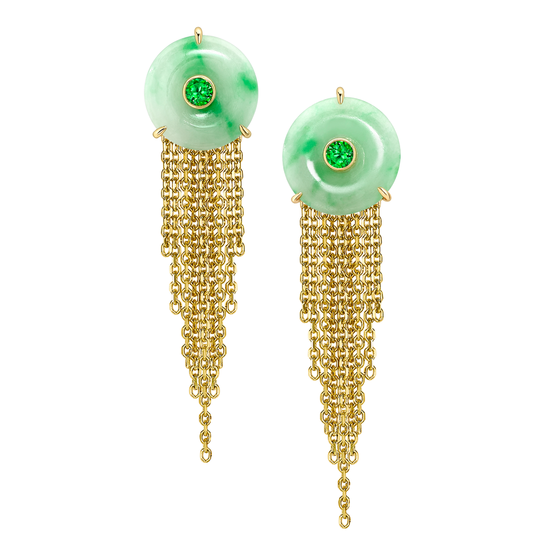 Cusp yellow gold jade tsavorite drop earrings