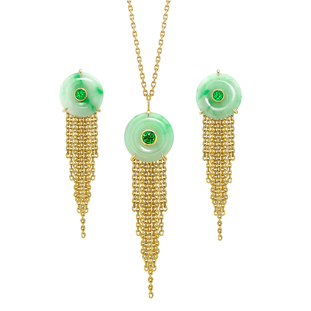 Cusp yellow gold jade tsavorite drop pendant and earring set