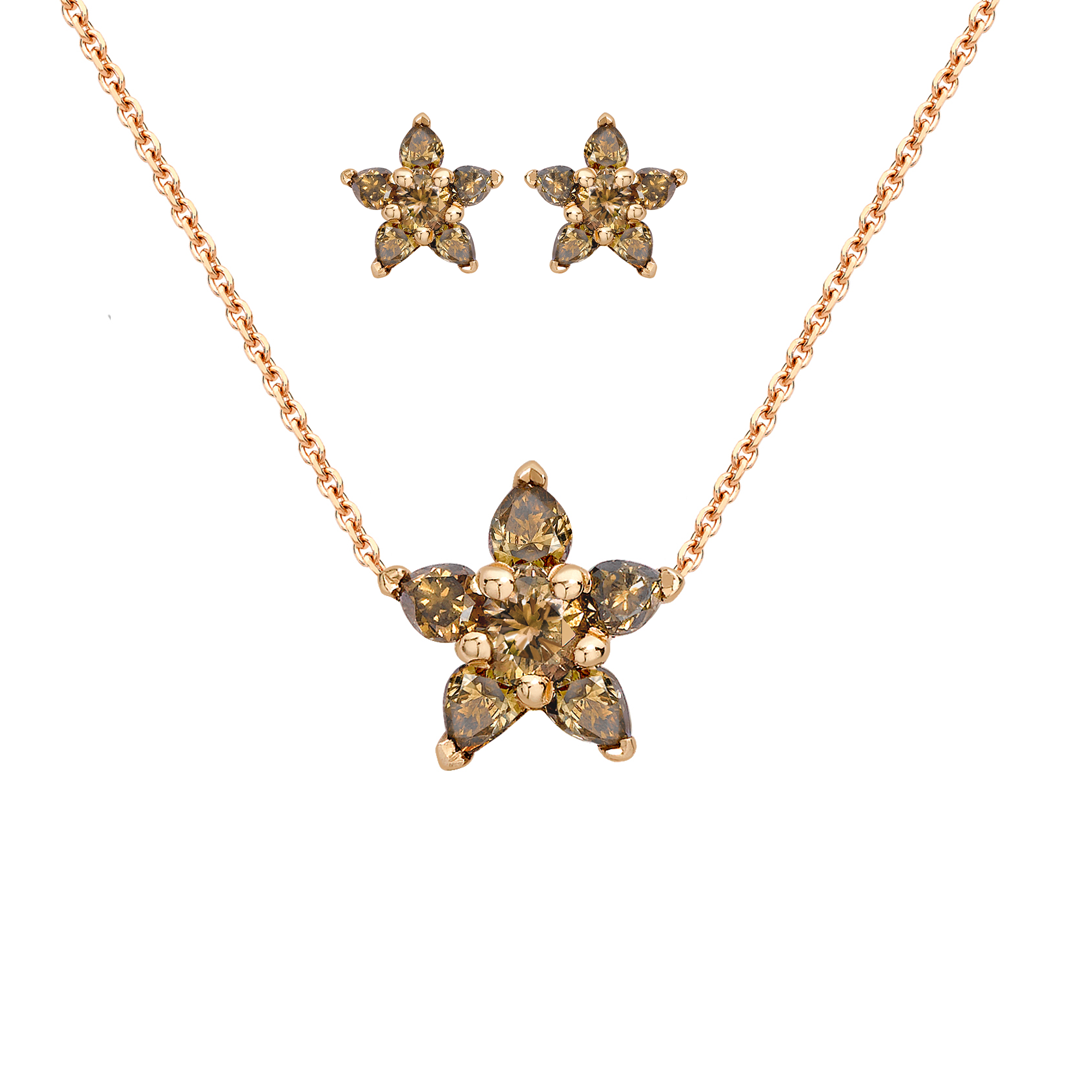 Spiritual Henna  rose gold cognac diamond flower pendant and stud earring set