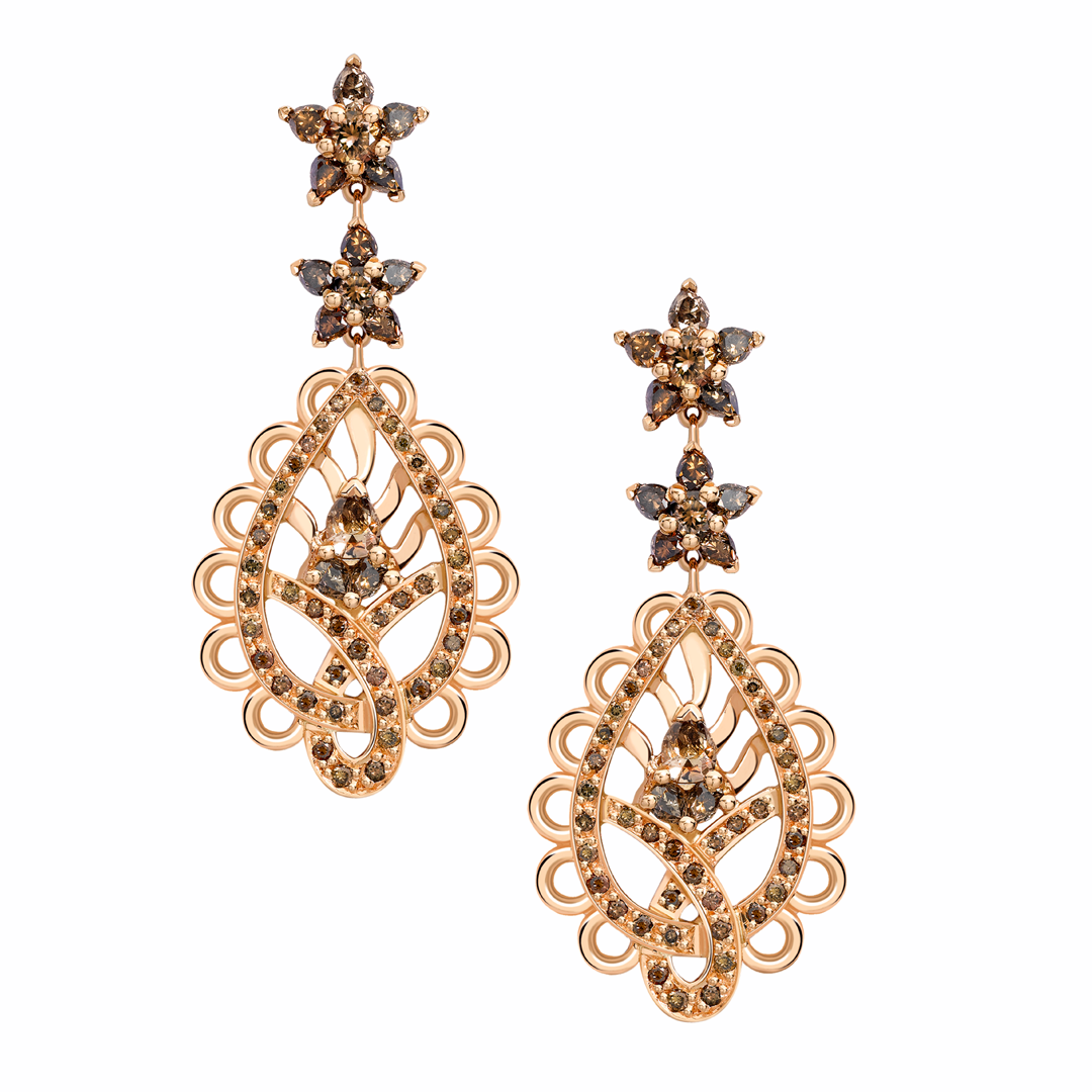 Spiritual Henna rose gold paisley cognac diamond earrings